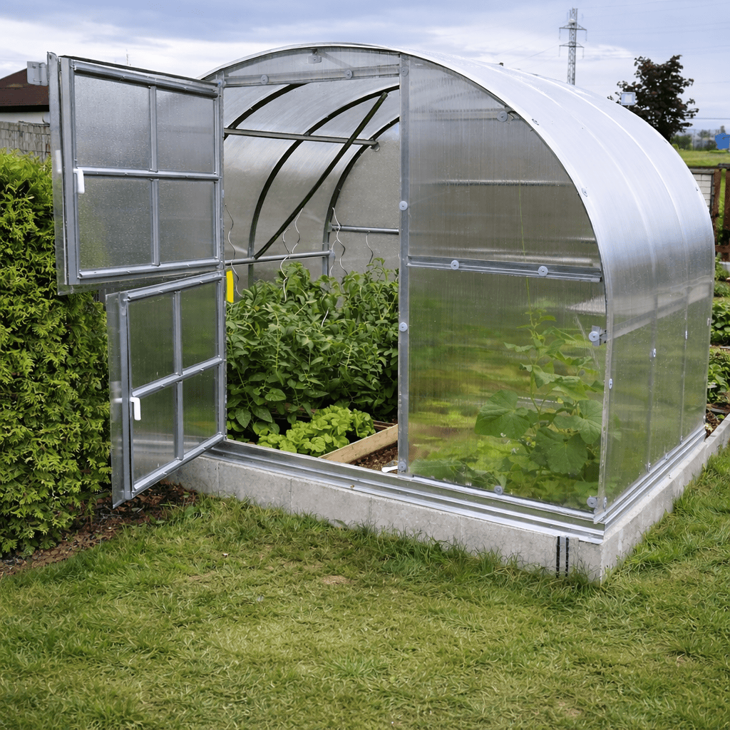 serre de jardin tunnel polycarbonate L'intemporelle (6m²) en 4mm vue extérieure avec cultures à l'intérieur - AtmoSerre