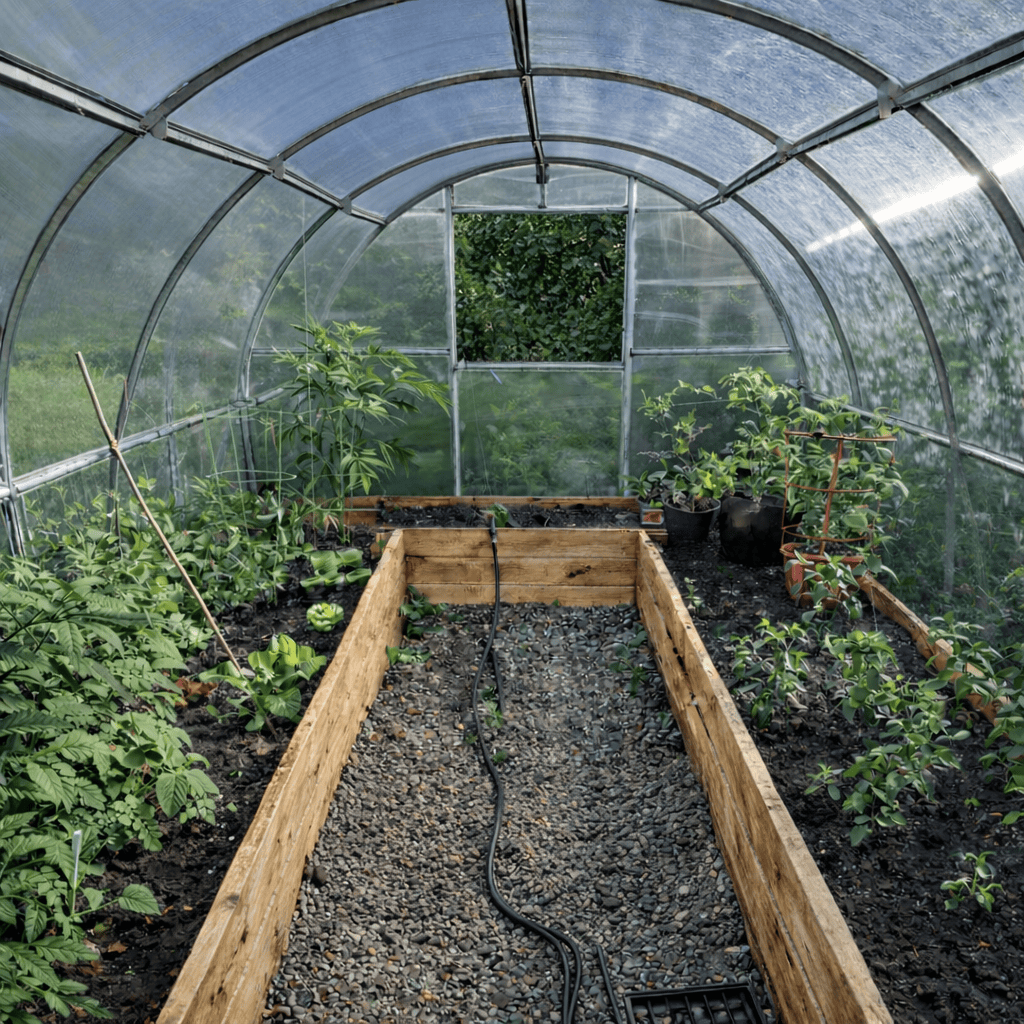 Vue intérieure culture tomate et salades de serre de jardin en polycarbonate - AtmoSerre