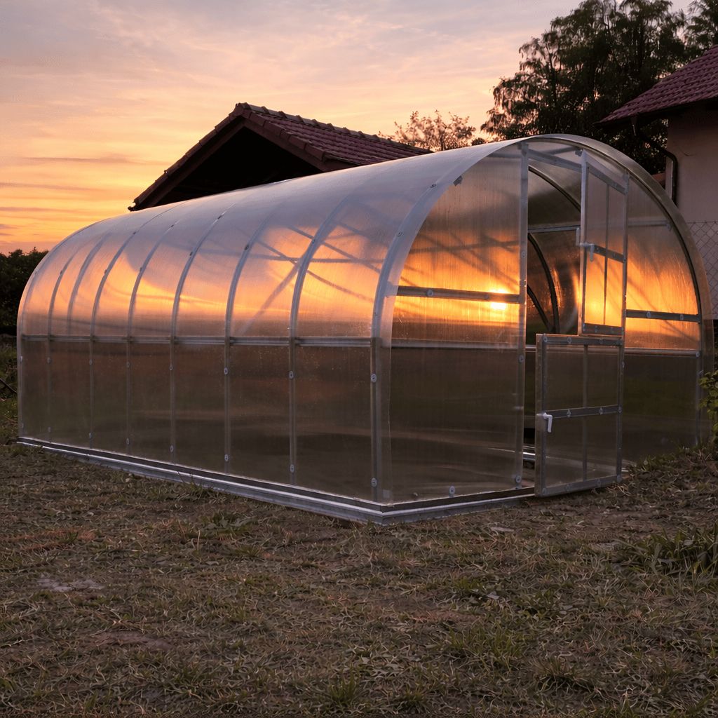 serre tunnel polycarbonate L'Intemporelle 4mm vue extérieure de nuit - AtmoSerre