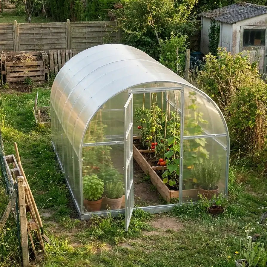 serre de jardin tunnel polycarbonate L'intemporelle (12m²) en 6mm vue extérieure - AtmoSerre
