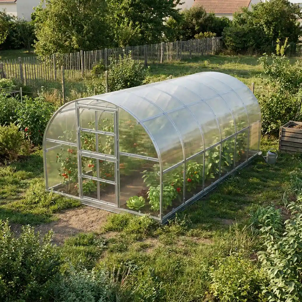 serre de jardin tunnel polycarbonate L'intemporelle (12m²) en 6mm vue extérieure - AtmoSerre