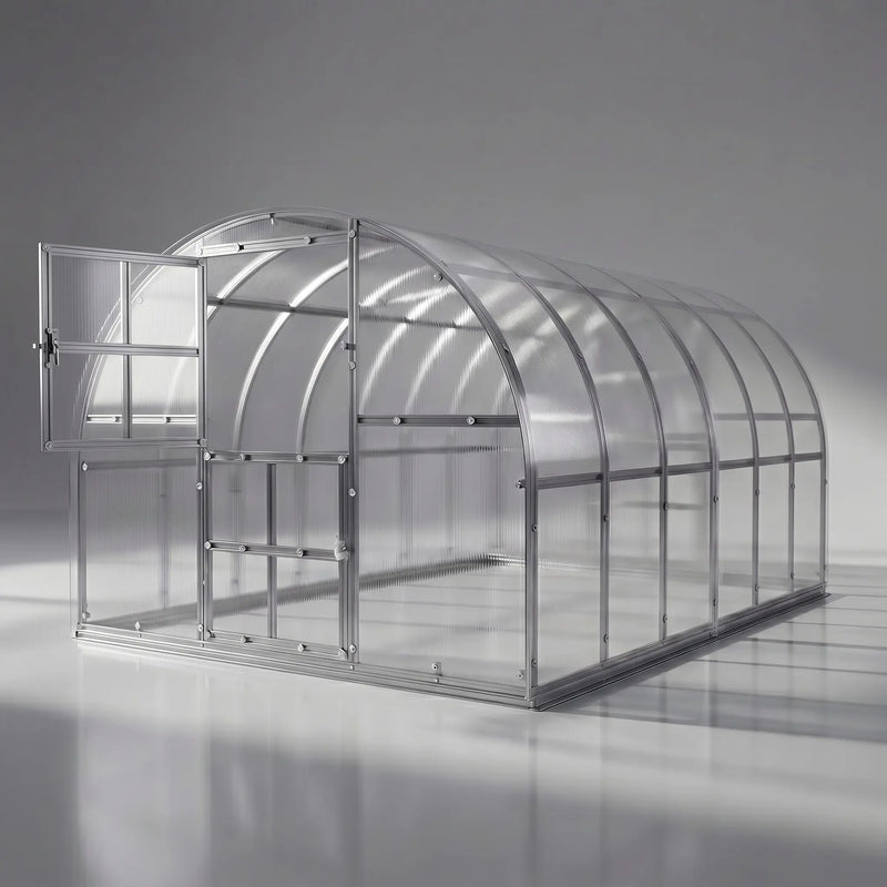 serre de jardin tunnel polycarbonate L'intemporelle (12m²) en 6mm vue extérieure - AtmoSerre
